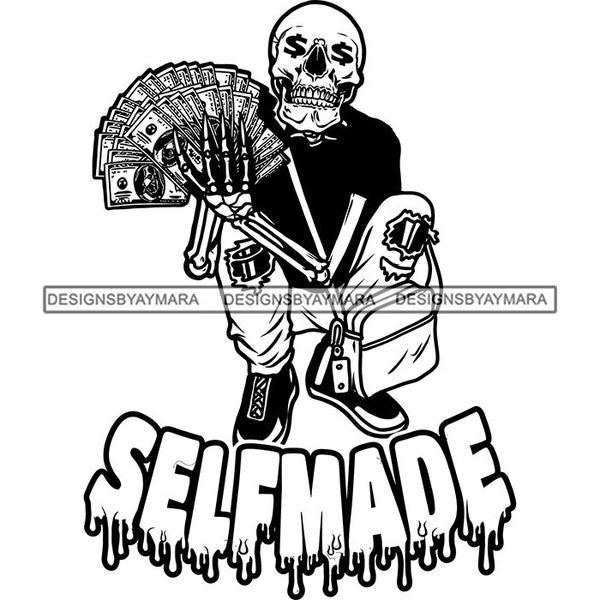 Self-Made Hustler Skull Man Cartoon Character Money Cash Bragging Grind Skeleton Death Tattoo SVG PNG JPG Cutting Files Print Cricut Designs