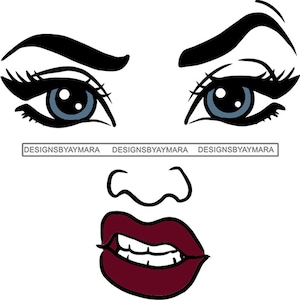 May include: A black and white illustration of a woman's face with a furrowed brow, blue eyes, and a red mouth. The woman is making a skeptical expression.