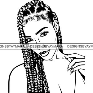 May include: Black and white line art illustration of a woman with long braided hair. She is looking at the viewer with a slight smile.