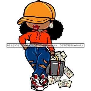 Afro Boss Lady Baseball Cap Faceless Ripped Jeans Carrying Purse Full Of Money Sport Swag Fashion Woman SVG PNG Sublimation Cutting Designs