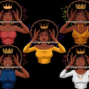 Bundle 5 Afro Königin Hände halten Krone Power Royalty stolz afroamerikanische Frau schwarz Mädchen Magie Melanin nubian Ebenholz JPG PNG Clipart