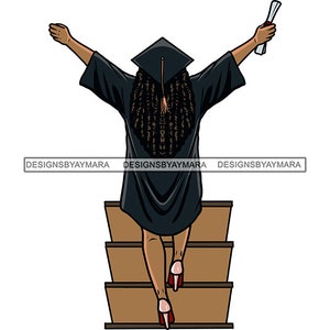 Feliz graduación Mujer Escaleras Diploma Vestido Gorra Borla Graduado Graduado Celebración Certificado SVG PNG JPG Diseños de vectores de corte de impresión