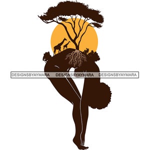 May include: A silhouette of a person bending over with a tree growing out of their head. The tree has roots that extend down the person's back. The tree is silhouetted against a yellow sun.
