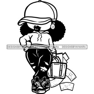 Afro Boss Lady Wearing Baseball Cap Faceless Carrying Purse Full Of Money Sport Outfit Swag Fashion Woman SVG PNG Sublimation Cutting Design