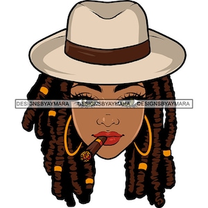 Melanin Woman Portrait Fedora Panama Hat Smoking Cigar Smoke Locs Dreadlocks Hairstyle African Lady SVG PNG JPG Print Cutting Vector Designs