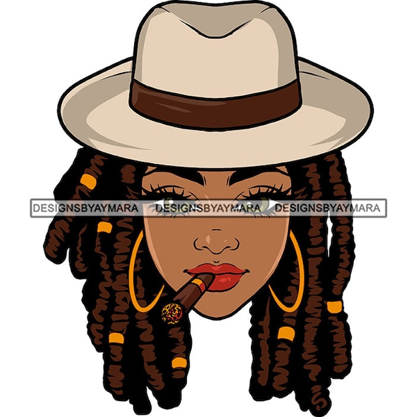 Melanin Woman Portrait Fedora Panama Hat Smoking Cigar Smoke Locs Dreadlocks Hairstyle African Lady SVG PNG JPG Print Cutting Vector Designs