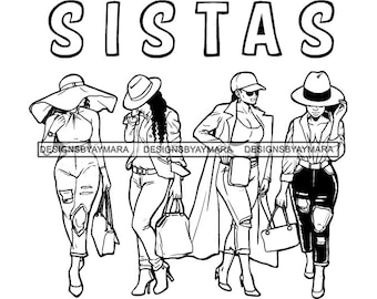 Siostry Siostry Afro Kobiety Razem Czarna Kobieta Morena Afroamerykanka Nubijska SVG JPG PNG Wektor Projekty Clipart Cricut Sylwetka Cięcie