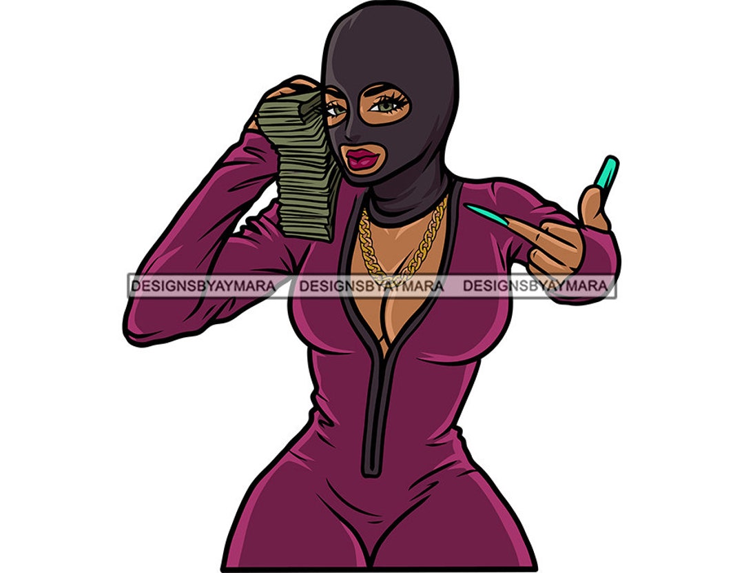 Gangster Woman Ski Mask Robber Burglar Middle Finger Mean Gesture Money