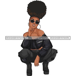 Afro Woman SVG Fashion Girl Squatting Position Melanin Nubian Queen Cool Girl Diva Female Lady JPG. PNG Vector Clipart Circuit Cut Cutting