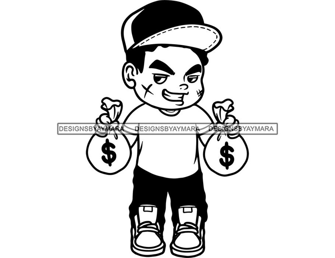 Scarface Hustler Gangster Boy Logo Holding Money Bags Swag Cartoon
