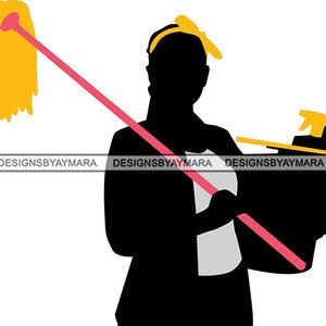 May include: Silhouette of a person holding a pink mop and a yellow cleaning spray bottle. The person is wearing a yellow headband.