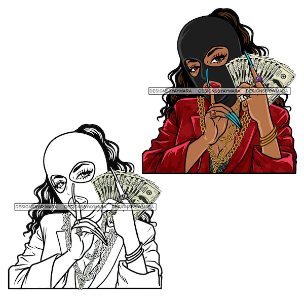 Gangster Hustle Woman Wearing Ski Mask Hand In Her Mouth Holding Cash Money Long Nails Gold Jewelry Boss Vector Designs SVG PNG JPG Cut File