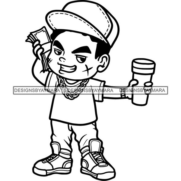 Teenager Bad Boy Gangster Scarface Baseball Cap Gold Chain Holding a Cup Money Talk Bragging Hustler Vector Designs SVG PNG JPG Cut Files