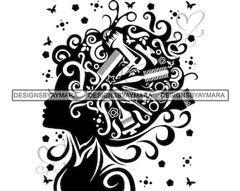 May include: A black and white silhouette of a woman's profile with stylized hair. The hair is filled with various hairstyling tools, including scissors, combs, and a hairdryer. Butterflies and floral elements are scattered around the silhouette.