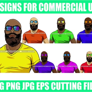 Handsome Bearded African Man Bundle Wearing Sunglasses Bald Fit Strong Long Beard SVG PNG JPG Sublimation Vector Cut Files Commercial Use