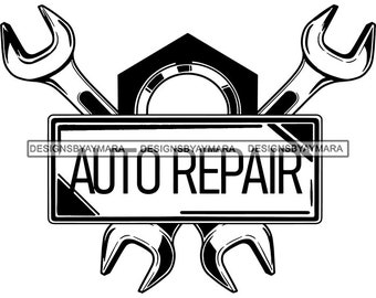 Può includere: Illustrazione in bianco e nero di due chiavi inglesi incrociate su un dado esagonale con il testo "AUTO REPAIR" in uno stendardo.