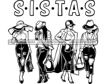 Siostry Siostry Afro Kobiety Razem Czarna Kobieta Morena Afroamerykanka Nubijska SVG JPG PNG Wektor Projekty Clipart Cricut Sylwetka Cięcie