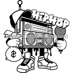 Boombox Radio Personaje de dibujos animados con micrófono Hip Hop Rap Llevar dinero Bolsa Sombrero de béisbol Retro SVG PNG JPG Corte Diseños de sublimación