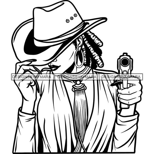 Cowgirl Woman Wearing Cowboy Hat Holding Handgun Pistol Gangster Hustler Boss Lady Hustle Hip Hop Rap SVG PNG JPG Cut Files Vector Designs