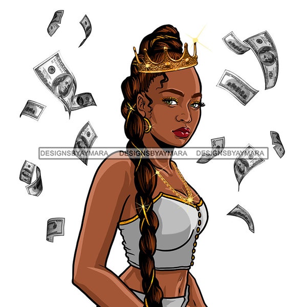 Afro Woman Queen Braids Hairstyle Money Flying Wealthy Successful Diva Melanin Nubian JPG PNG Clipart Designs Cricut Silhouette Cut Cutting