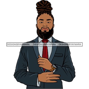 Elegant African American Man Wearing Classy Suit Red Tie Beard Bearded Locs Bun Hairstyle Masculine SVG PNG JPG Print Cutting Vector Designs