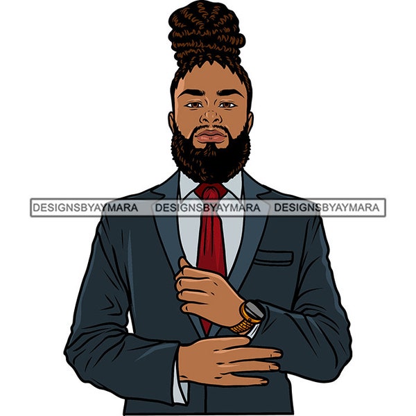 Elegant African American Man Wearing Classy Suit Red Tie Beard Bearded Locs Bun Hairstyle Masculine SVG PNG JPG Print Cutting Vector Designs