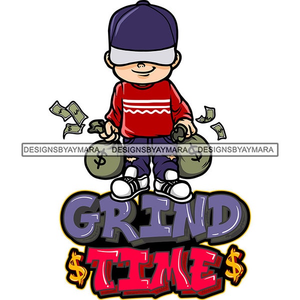 Grind Time Hustler Boy Peuter holding tassen vol met geld gezichtsloze baseball cap Swag influencer vectorontwerpen SVG PNG JPG snijden bestanden