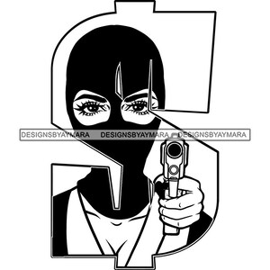 Mujer gángster con máscara de esquí Ladrón Signo de dinero Apuntando pistola Arma Tatuaje Hip Hop Gangsta Rap SVG PNG JPG Corte de archivos Diseño de impresión