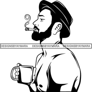 May include: Black and white illustration of a person with a hat, holding a cup of coffee and smoking a cigarette.