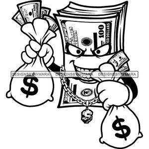 Money Dollar Bill Cartoon Character Holding Money bags Wearing Gold Chain Hustler Hustling Grind SVG PNG JPG Print Cutting Vector Designs