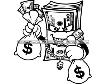 Dinero Dólar Bill Personaje de dibujos animados con bolsas de dinero con cadena de oro Hustler Hustling Grind SVG PNG JPG Diseños de vectores de corte de impresión
