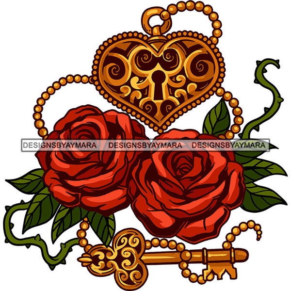 Gold Padlock Tattoo Rose Flowers Flower Chain Creativity Print Key Luck Tattooing  SVG JPG PNG Vector Clipart Cricut Silhouette Cut Cutting