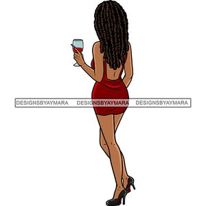 メラニン 女性 グラス ワイン アルコール ワイングラス 短い赤いドレス ロックス ドレッドヘア 長い髪型 SVG PNG JPG 昇華カット ベクター デザイン
