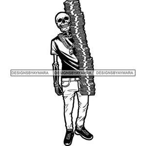 Skull Man Cartoon Character Holding Money Stacks Hustler Hustle Grind Skeleton Death Tattoo SVG PNG JPG Cutting Files Print Cricut Designs