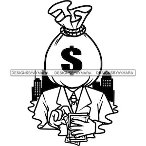Money Bag Man Personaje de dibujos animados con elegante traje Contando dinero Vista de la ciudad Fondo Hustler Vector Designs SVG PNG JPG Cut Files