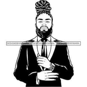 Elegant African American Handsome Man Beard Bearded Wearing Classy Suit Locs Bun Hairstyle Masculine SVG PNG JPG Print Cutting Vector Design