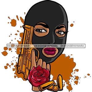 Mujer gángster cerrada con máscara de esquí sosteniendo una pistola Ladrón Rosas tatuaje balas Jefe de la calle Dama Diseños vectoriales SVG PNG JPG Cortar archivos