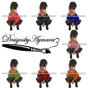 May include: Digital illustration of a woman with brown hair in a bun wearing a variety of colourful jackets. The woman is in a squatting pose with her hands on her chin. The text "Designsby Aymara" is written in a cursive font with a paintbrush underneath.