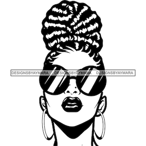 Melanin Woman Portrait Locs Dreads Hair Messy Bun Updo Hair Closed Up Fashion Glasses Hoops Earrings Vector Designs SVG PNG JPG Cutting File