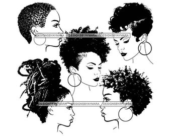May include: Black and white line art illustration of four women with different hairstyles. Each woman has a large hoop earring. The women are facing different directions.