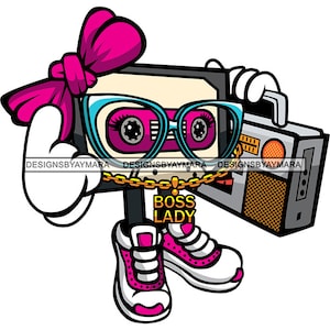 Cassette Cartoon Character Girl Boombox Radio Retro Music Hip Hop Rap Pop Boss Lady Speaker Stereo SVG PNG Sublimation Cut Designs Print