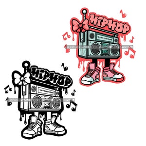 Boom Box Radio Personaje de dibujos animados Hip Hop Notas musicales Rap Old School Retro Stereo Sneakers Swag Rosa Diseños vectoriales SVG PNG JPG Cortar archivos