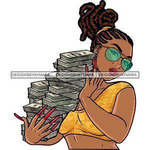 Hustler Melanin Woman Carrying Money Stack Glasses Dreadlocks Hair Grinding Boss Lady Vector Sublimation Designs SVG PNG JPG Cut Files