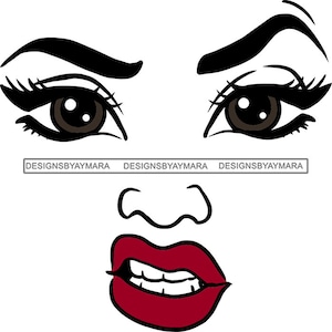 Vrouw Gemeen Gezicht SVG Meisje Bruine Ogen Make Up Model Lipstick Lippen Wenkbrauw Lange Wimpers JPG PNG Vector Clipart Cricut Silhouet Snijden
