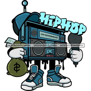 Boombox Radio Cartoon Character Microphone Hip Hop Rap Money Bag Baseball Cap Retro Stereo Music Swag SVG PNG JPG Cutting Sublimation Design