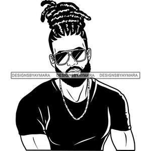Handsome Fit African American Man Wearing Sunglasses Tight T-Shirt Beard Bearded Locs Bun Hairstyle SVG PNG JPG Print Cutting Vector Designs