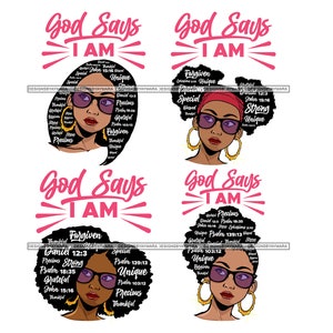Bundle 4 Afro Woman God Says I'm Forgiven Strong Unique Quotes Black Girl Magic SVG JPG PNG Vector Clipart Cricut Silhouette Cut Cutting