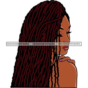 May include: A digital illustration of a woman with long, dark brown locs. She is looking down and has a soft, warm expression on her face. Her skin is a rich brown color.