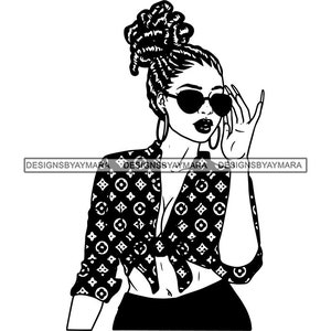Beautiful Melanin Woman Wearing Expensive Outfit Dark Glasses Dreadlocks Hairstyle Messy Bun Sublimation Vector Designs SVG PNG JPG Cutting