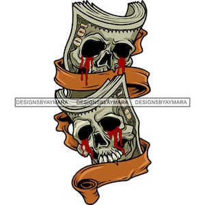 Hundert-Dollar-Schein Blut Tränen Geld Bargeld gruselig Schädel Skelett Gesicht Schleife Schweiß Dope Geld SVG PNG JPG Schneiden Schneiden Sublimation Design